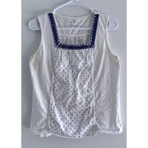 Talbots Top Womens Medium‎ White Blue Embroidered Square Neck Coastal Preppy